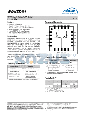 MASWSS0068TR datasheet - SPDT High Isolation CATV Switch 5 - 1000 MHz