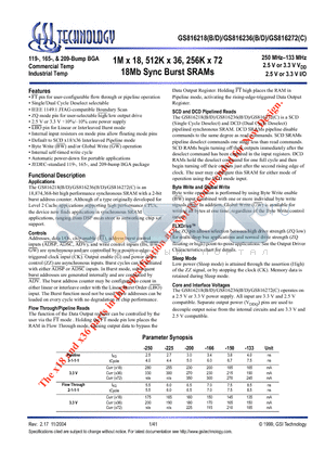 GS816218B-250I datasheet - 1M x 18, 512K x 36, 256K x 72 18Mb Sync Burst SRAMs