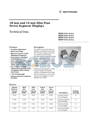 HDSP-315G-II200 datasheet - 10 mm and 13 mm Slim Font Seven Segment Displays