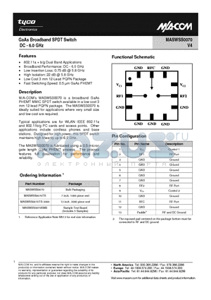 MASWSS0070 datasheet - GaAs Broadband SPDT Switch DC - 6.0 GHz