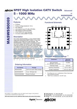 MASWSS0069SMB datasheet - SPDT High Isolation CATV Switch 5 - 1000 MHz