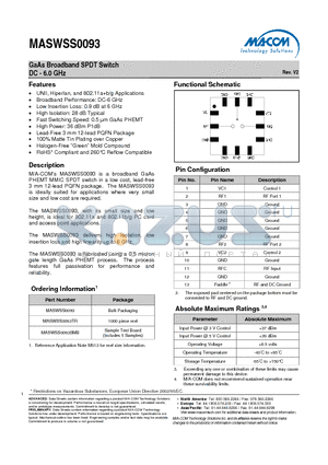 MASWSS0093 datasheet - GaAs Broadband SPDT Switch DC - 6.0 GHz