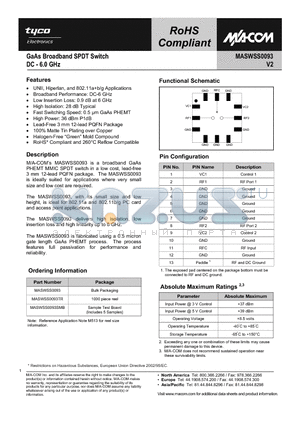 MASWSS0093SMB datasheet - GaAs Broadband SPDT Switch DC - 6.0 GHz