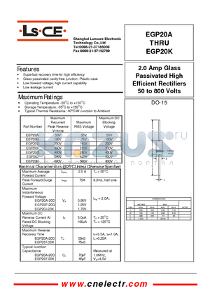 EGP20J datasheet - 2.0Amp glass passivated high efficient rectifiers 50to800 volts