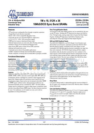 GS816218BGB-250I datasheet - 1M x 18, 512K x 36 18MbS/DCD Sync Burst SRAMs