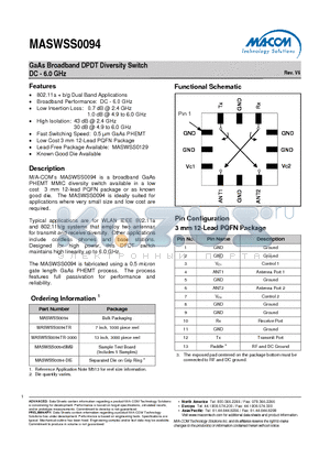 MASWSS0094-DIE datasheet - GaAs Broadband DPDT Diversity Switch DC - 6.0 GHz