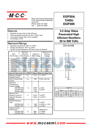 EGP30A datasheet - 3.0 Amp Glass Passivated High Efficient Rectifiers 50 to 800 Volts