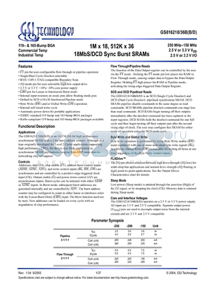 GS816218BD-150I datasheet - 1M x 18, 512K x 36 18MbS/DCD Sync Burst SRAMs