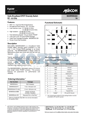 MASWSS0094 datasheet - GaAs Broadband DPDT Diversity Switch DC - 6.0 GHz