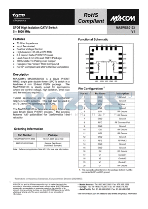 MASWSS0103 datasheet - SPDT High Isolation CATV Switch 5 - 1000 MHz