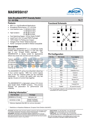 MASWSS0107SMB datasheet - GaAs Broadband DPDT Diversity Switch 1.0 - 6.0 GHz