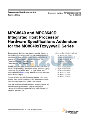 MC8640DTVU1000H datasheet - Integrated Host Processor Hardware Specifications Addendum for the MC8640xTxxyyyyaC Series