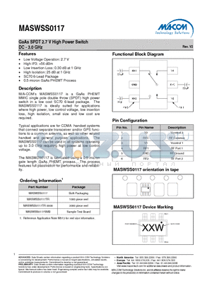 MASWSS0117SMB datasheet - GaAs SPDT 2.7 V High Power Switch DC - 3.0 GHz