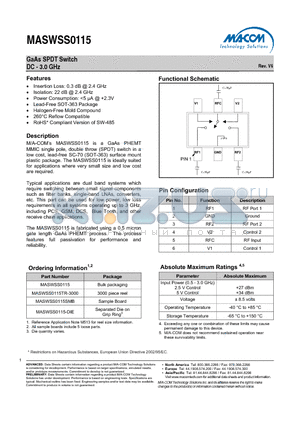 MASWSS0115-DIE datasheet - GaAs SPDT Switch DC - 3.0 GHz