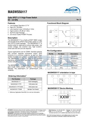 MASWSS0117TR-3000 datasheet - GaAs SPDT 2.7 V High Power Switch
