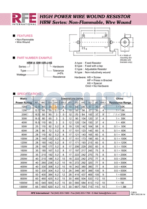 HRWB1000W-10R-J-HX datasheet - HIGH POWER WIRE WOUND RESISTOR HRW Series: Non-Flammable, Wire Wound