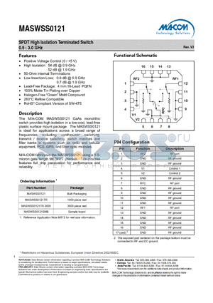 MASWSS0121SMB datasheet - SPDT High Isolation Terminated Switch 0.5 - 3.0 GHz