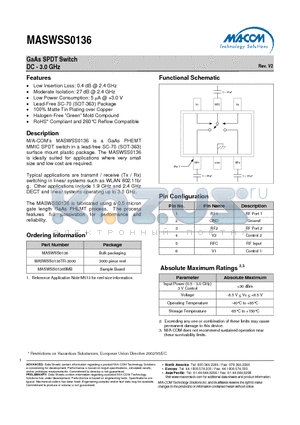 MASWSS0136SMB datasheet - GaAs SPDT Switch DC - 3.0 GHz