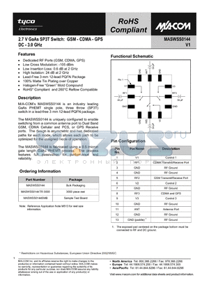 MASWSS0144SMB datasheet - 2.7 V GaAs SP3T Switch: GSM - CDMA - GPS DC - 3.0 GHz