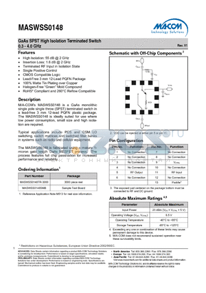 MASWSS0148 datasheet - GaAs SPST High Isolation Terminated Switch 0.3 - 4.0 GHz