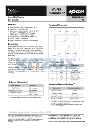 MASWSS0151SMB datasheet - GaAs SPDT Switch DC - 3.0 GHz