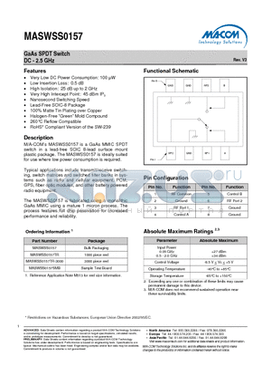 MASWSS0157TR-3000 datasheet - GaAs SPDT Switch DC - 2.5 GHz