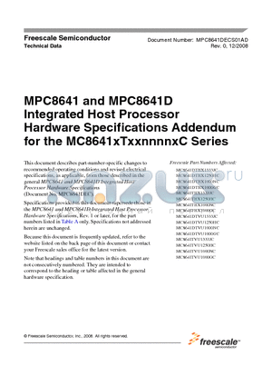 MC8641DTHX1000NC datasheet - Integrated Host Processor Hardware Specifications Addendum for the MC8641xTxxnnnnxC Series