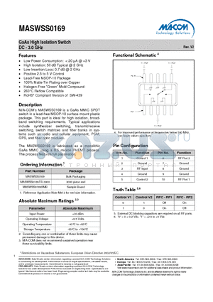 MASWSS0169SMB datasheet - GaAs High Isolation Switch DC - 3.0 GHz