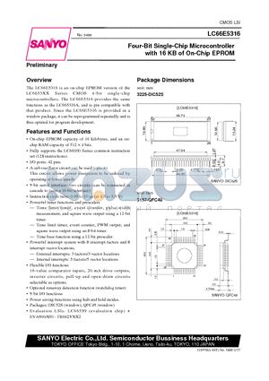 LC66E308 datasheet - Four-Bit Single-Chip Microcontroller with 16 KB of On-Chip EPROM