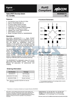 MASWSS0175 datasheet - GaAs DPDT Diversity Switch 4.5 - 6.0 GHz