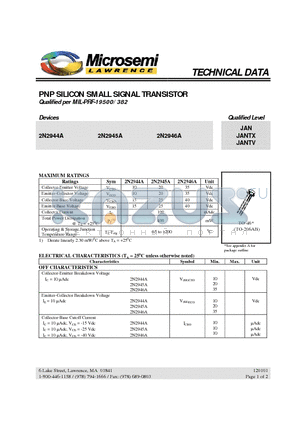 JANTXV2N2946A datasheet - PNP SILICON SMALL SIGNAL TRANSISTOR