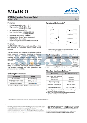 MASWSS0178 datasheet - SPDT High Isolation Terminated Switch