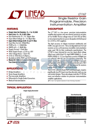 LT1167ACN8 datasheet - Single Resistor Gain Programmable, Precision Instrumentation Amplifier