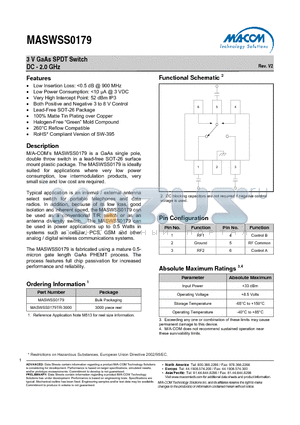 MASWSS0179 datasheet - 3 V GaAs SPDT Switch DC - 2.0 GHz