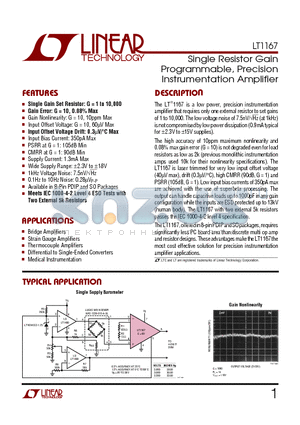 LT1167I datasheet - Single Resistor Gain Programmable, Precision Instrumentation Amplifier