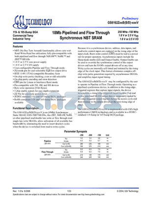 GS8162Z18BB-200V datasheet - 18Mb Pipelined and Flow Through Synchronous NBT SRAM