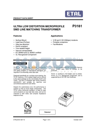 P3181 datasheet - ULTRA LOW DISTORTION MICROPROFILE SMD LINE MATCHING TRANSFORMER