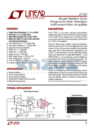 LT1167IS8 datasheet - Single Resistor Gain Programmable, Precision Instrumentation Amplifier