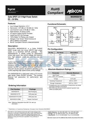 MASWSS0181SMB datasheet - GaAs SPDT 2.5 V High Power Switch DC - 3.0 GHz
