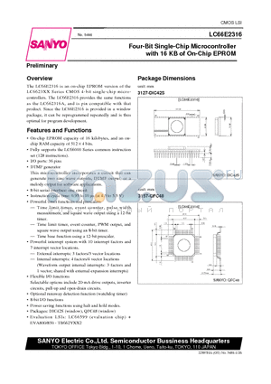 LC66E5316 datasheet - Four-Bit Single-Chip Microcontroller with 16 KB of On-Chip EPROM