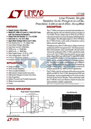 LT1168 datasheet - Low Power, Single Resistor Gain Programmable, Micropower Precision Instrumentation Amplifier