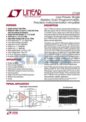 LT1168 datasheet - Low Power, Single Resistor Gain Programmable, Precision Instrumentation Amplifier