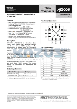 MASWSS0184 datasheet - High Power GaAs DPDT Diversity Switch DC - 4.0 GHz