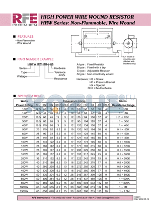 HRWN160W-10R-J-HS datasheet - HIGH POWER WIRE WOUND RESISTOR HRW Series: Non-Flammable, Wire Wound