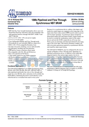 GS8162Z18BD-250I datasheet - 18Mb Pipelined and Flow Through Synchronous NBT SRAM