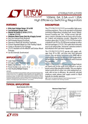 LT1170 datasheet - 100kHz, 5A, 2.5A and 1.25A High Efficiency Switching Regulators