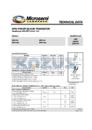 JANTXV2N5154 datasheet - NPN POWER SILICON TRANSISTOR