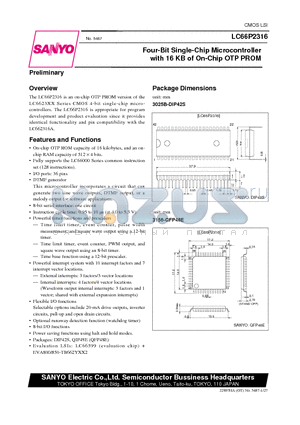 LC66P308 datasheet - Four-Bit Single-Chip Microcontroller with 16 KB of On-Chip OTP PROM