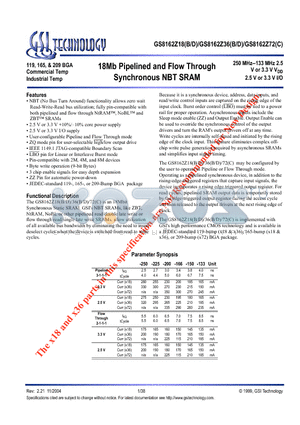 GS8162Z36B-225I datasheet - 18Mb Pipelined and Flow Through Synchronous NBT SRAM