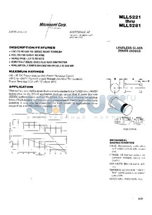 MLL5221 datasheet - LEADLESS GLASS ZENER DIODES